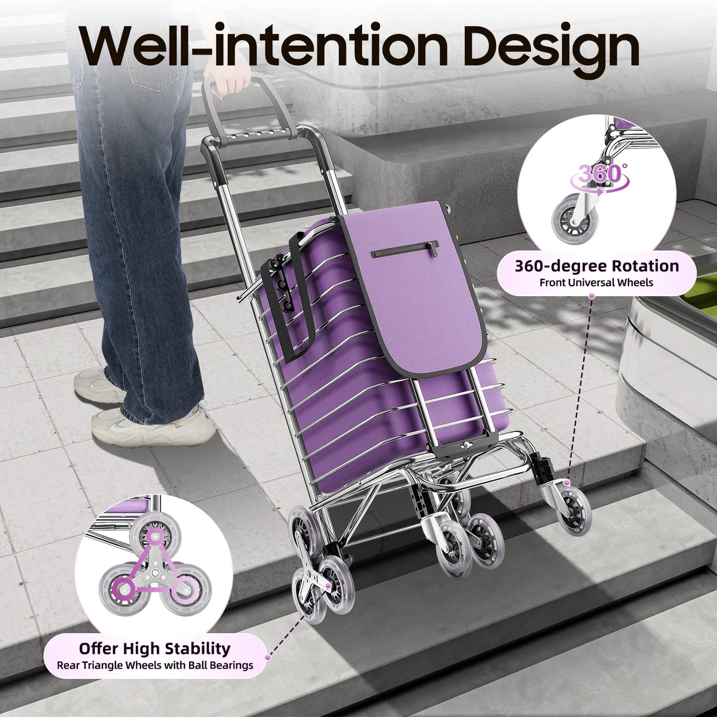 Portable Rolling Trolley Basket, Utility Duty Stair Shopping Cart Household Foldable Groceries for Markets, Outdoor Picnics