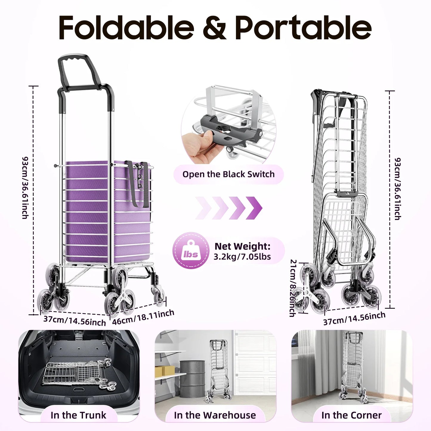 Portable Rolling Trolley Basket, Utility Duty Stair Shopping Cart Household Foldable Groceries for Markets, Outdoor Picnics