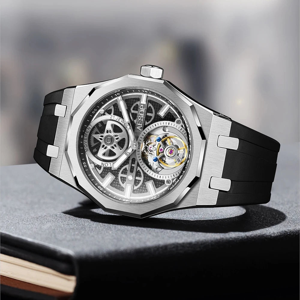 AESOP Men Flying Tourbillon Movement Mechanical Automatic Luxury Watches Wristwatches Skeleton Watch Brand For Man Sapphire