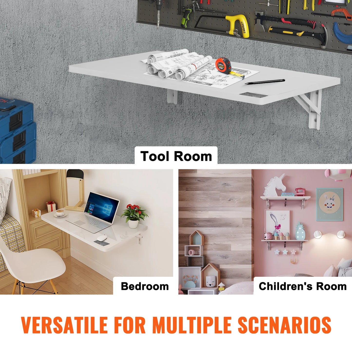 VEVOR Wall Mounted Folding Table Drop Leaf Floating Desk with Iron Bracket Fold Down for Home Office Room Kitchen Space-Saving