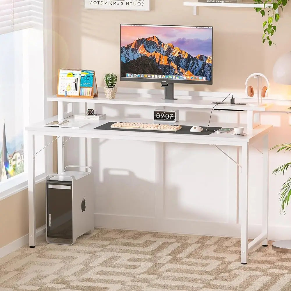 Computer Desk With Usb Power Outlets And Led Lights, 47 H Gaming Desk With Monitor Stand For Small Space Home Office, Modern