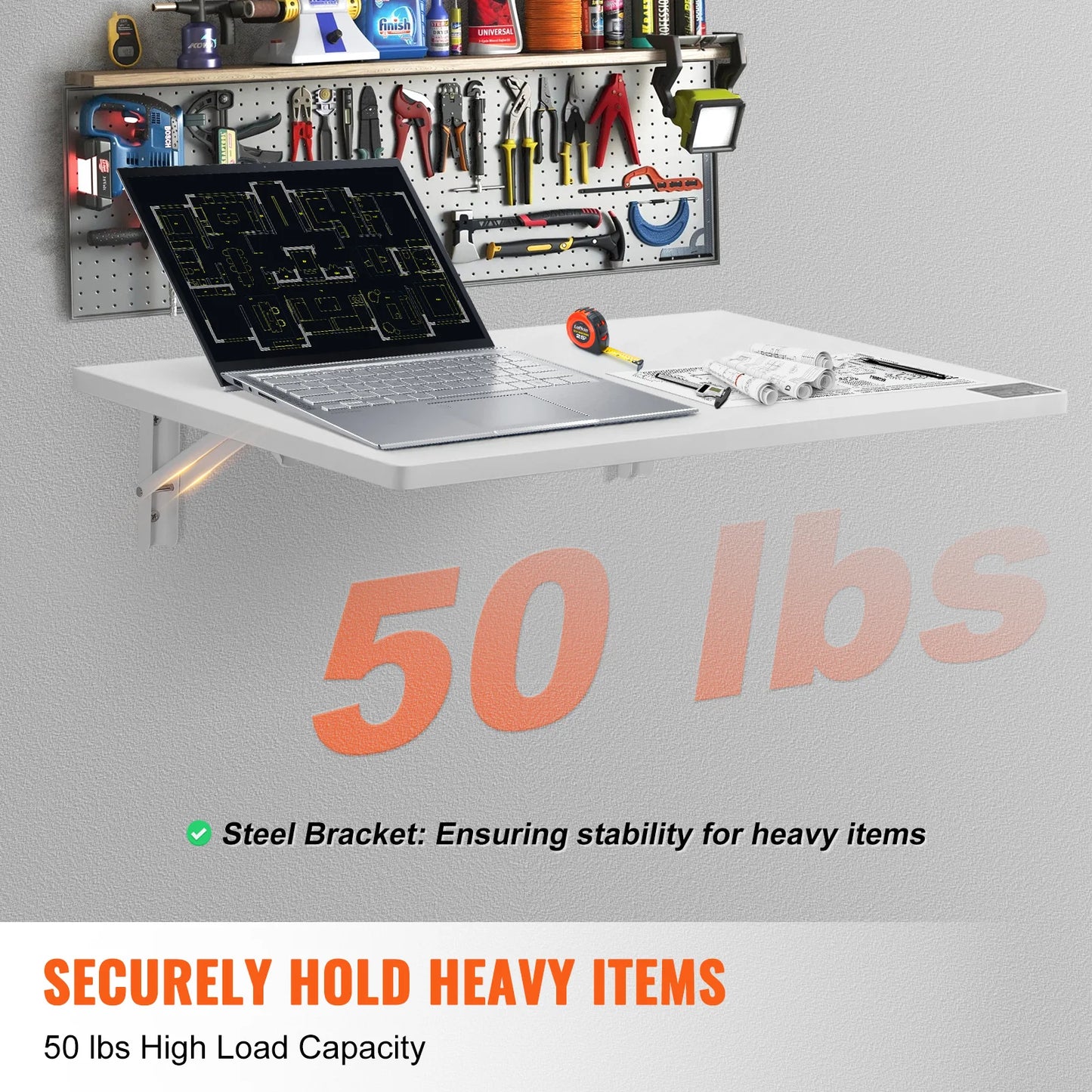 VEVOR Wall Mounted Folding Table Drop Leaf Floating Desk with Iron Bracket Fold Down for Home Office Room Kitchen Space-Saving