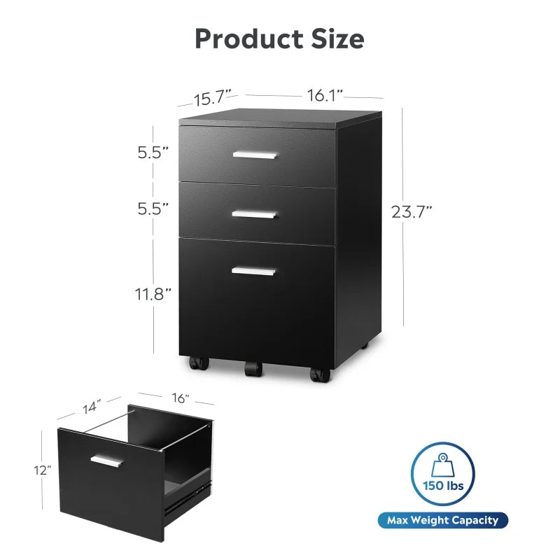 GALAXHERO 3 Drawer Wood Mobile Filing Cabinet Rolling File Cabinet for Home Office Printer Stand Fits Letter A4 Size