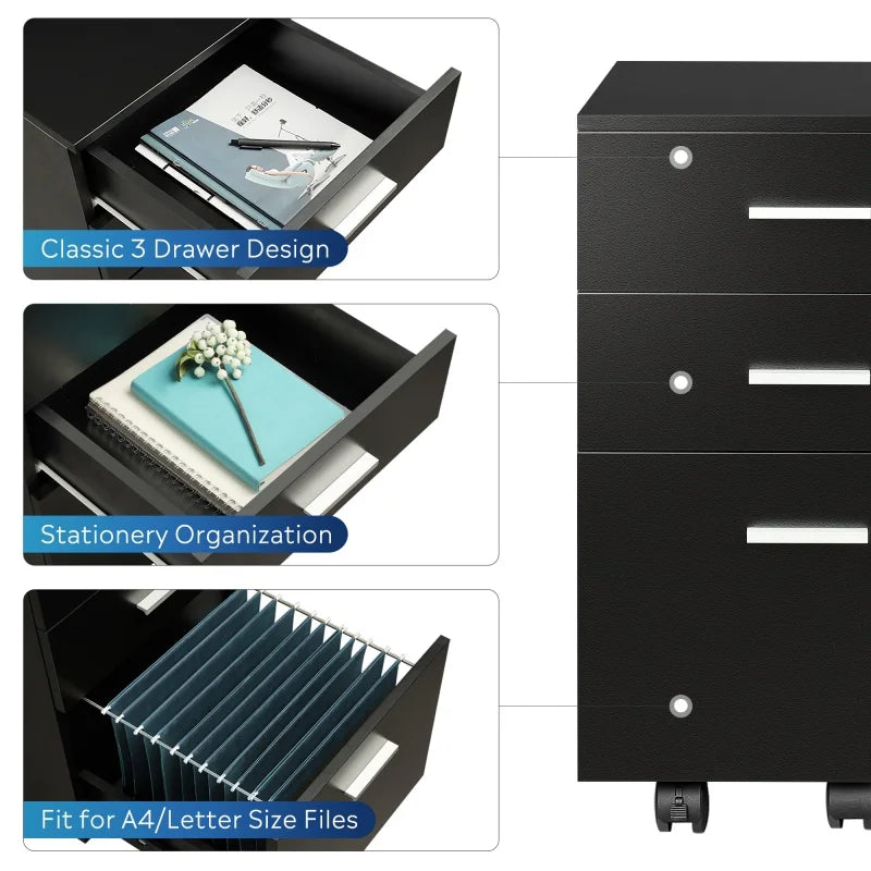 GALAXHERO 3 Drawer Wood Mobile Filing Cabinet Rolling File Cabinet for Home Office Printer Stand Fits Letter A4 Size