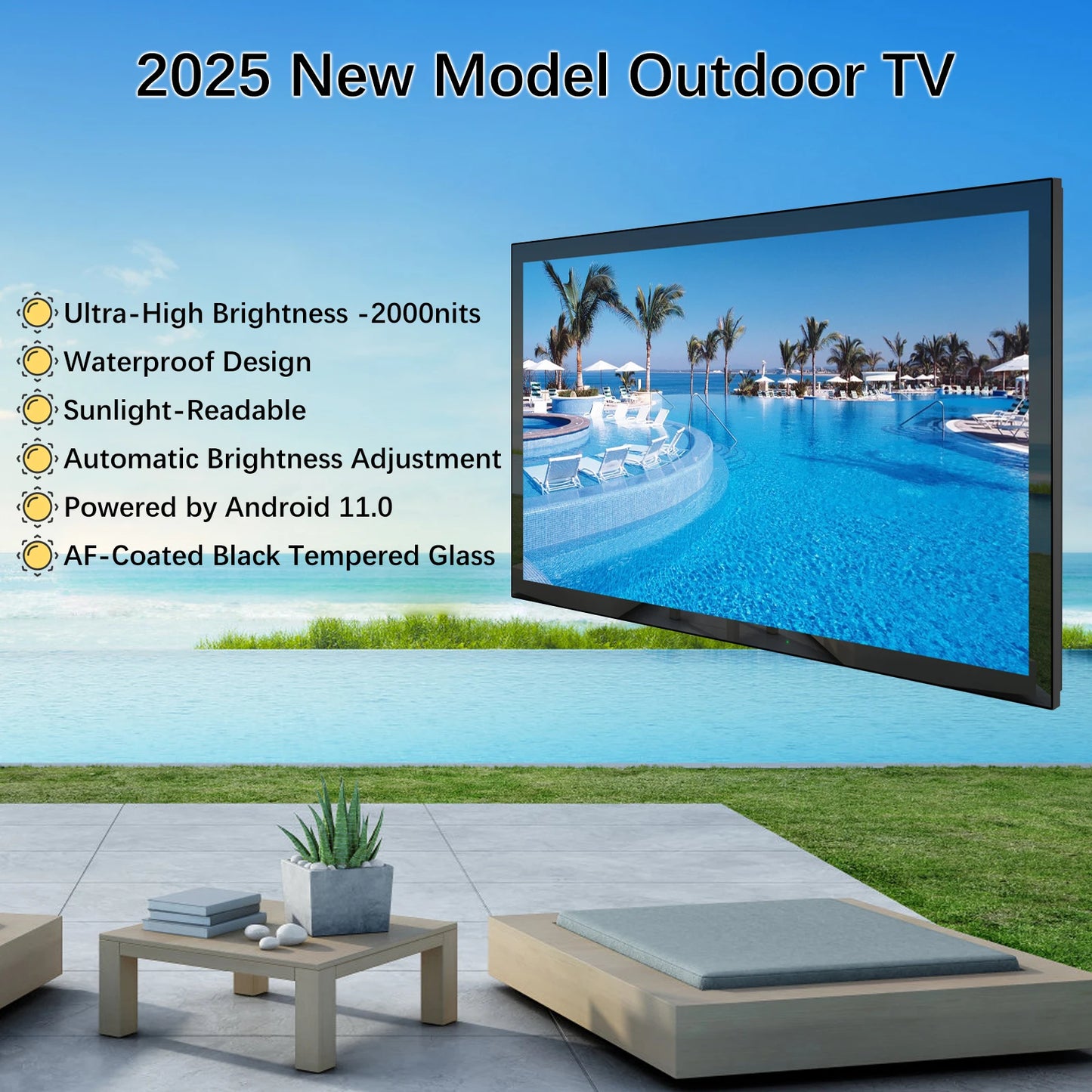 Soulaca 55-inch Waterproof Smart Android Outdoor TV 2000nits Full Sun TV 4K Dolby Atmos HDR 10 Weatherproof Television Support