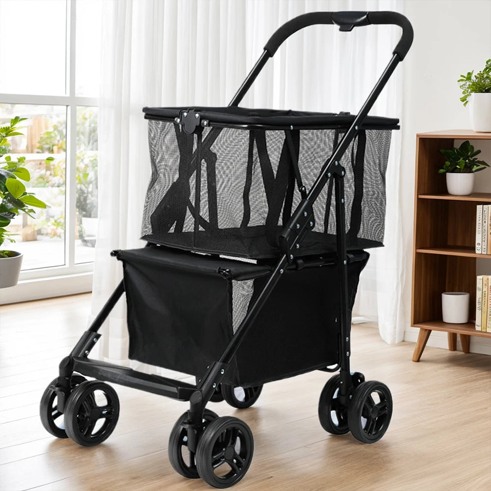 Compact Folding Shopping Cart with Removable Basket Portable Multi-Purpose Personal Grocery Laundry Camping Tote
