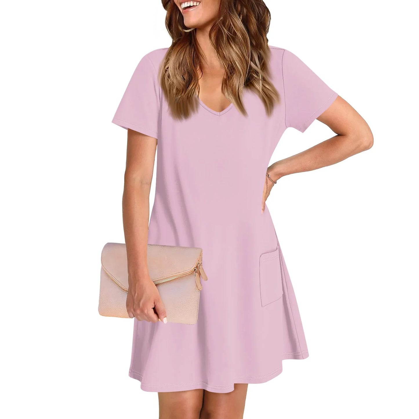 Women'S Casual And Fashionable V-Neck Short Sleeve Printing Mid Length Dress Elegant Fashion Harajuku Female Clothes Dress