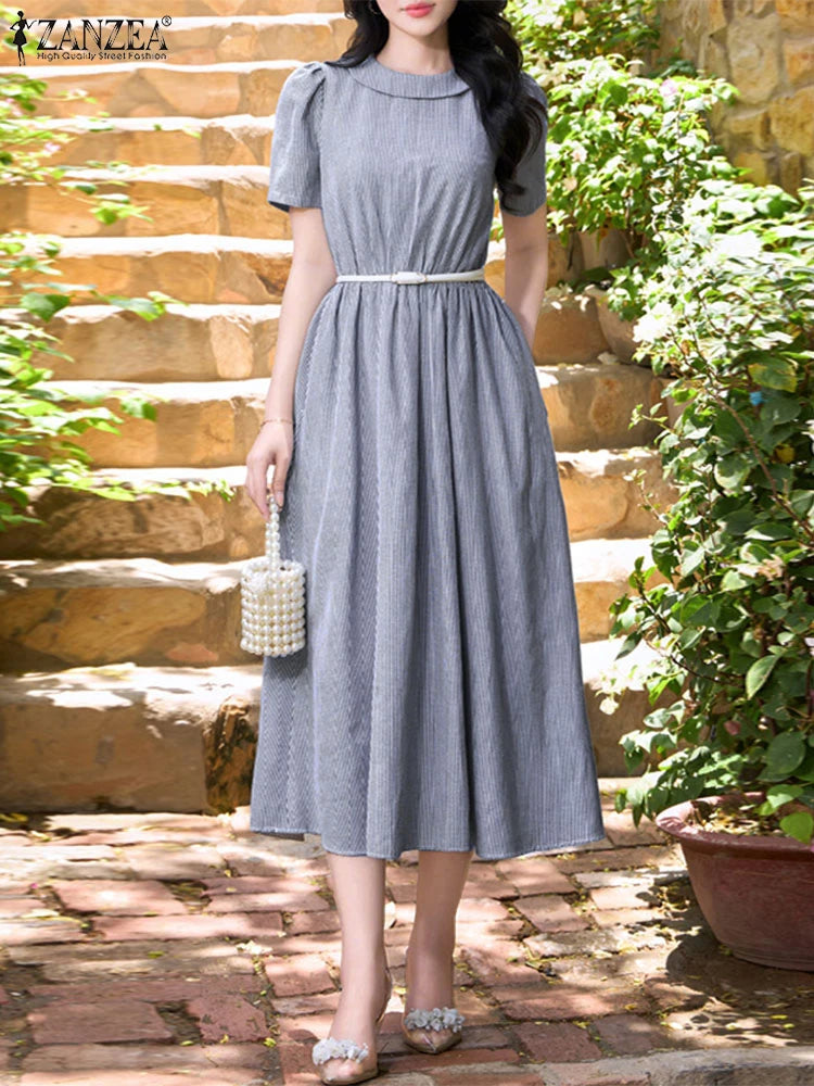 Elegant Women Midi Dresses 2025 ZANZEA Summer Office Work Dress Casual O Neck Short Sleeve Striped Sundress Holiday Vestido Robe