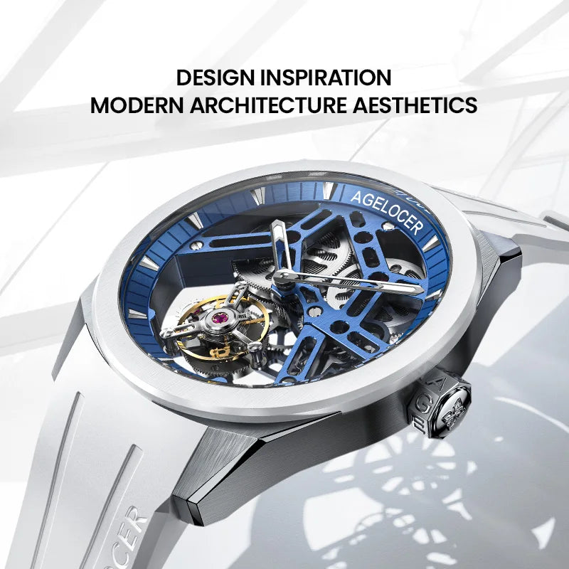 AGELOCER Original Tourbillon Watch Ceramic Bezel Men's Vogue Luxury Skeleton Manual Mechanical Watch Birthday Gift for Men