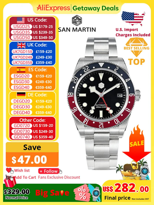 San Martin 39mm NH34 GMT Men Luxury Watch Bidirectional Aluminum Bezel Automatic Mechanical Sapphire 100M Waterproof  SN0109