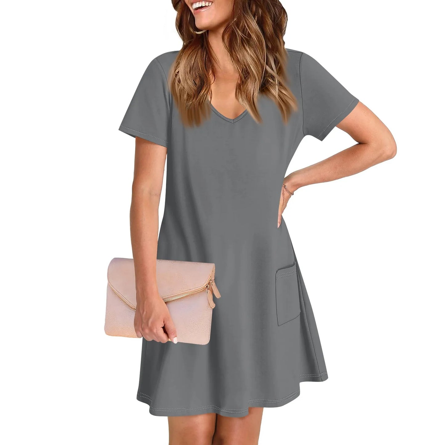 Women'S Casual And Fashionable V-Neck Short Sleeve Printing Mid Length Dress Elegant Fashion Harajuku Female Clothes Dress