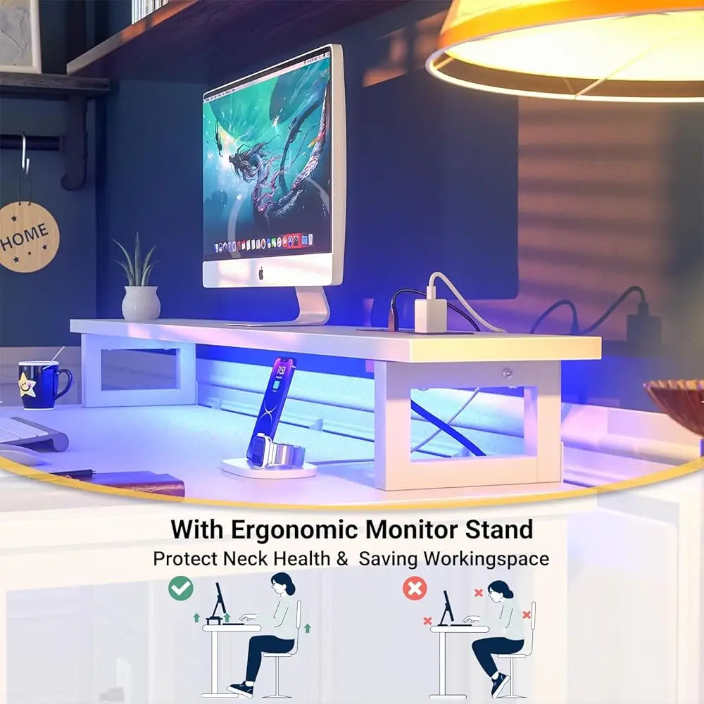 Computer Desk With Usb Power Outlets And Led Lights, 47 H Gaming Desk With Monitor Stand For Small Space Home Office, Modern