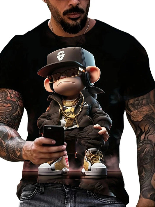 Hip Hop Monkey Pattern Print T-shirts O-Neck Short Sleeve Tee Designer Clothes Men Monkey Print Clothes Men Designer T-shirts