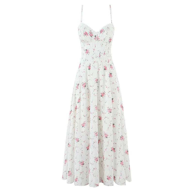 YENKYE Sexy Spaghetti Straps Floral Print Corset Dress Women Lace Spliced Bandage Back A-line Vacation Party Dresses Summer Robe