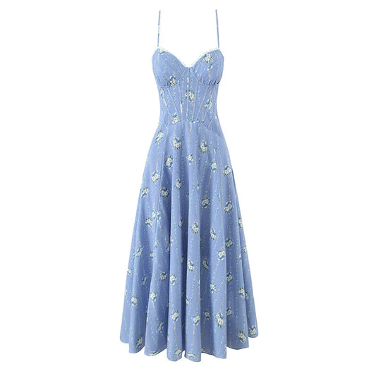 YENKYE Sexy Spaghetti Straps Floral Print Corset Dress Women Lace Spliced Bandage Back A-line Vacation Party Dresses Summer Robe