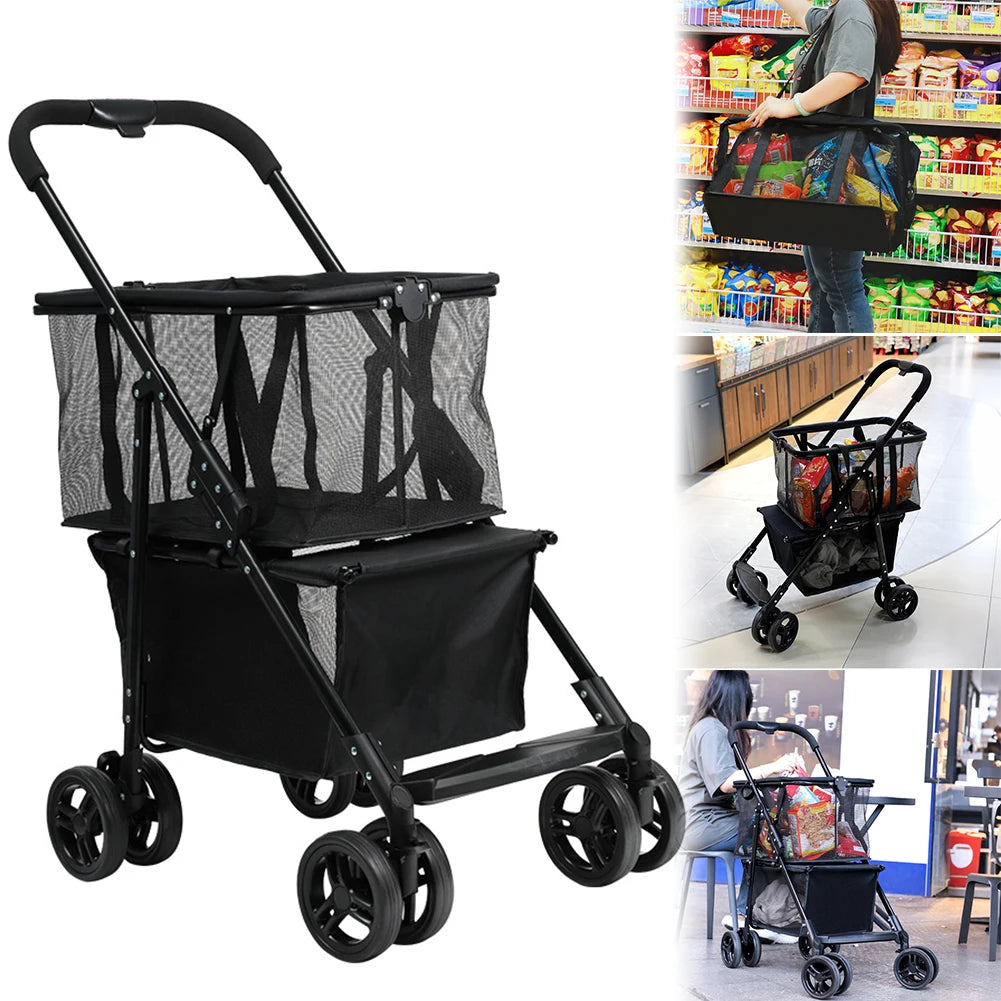 Compact Folding Shopping Cart with Removable Basket Portable Multi-Purpose Personal Grocery Laundry Camping Tote