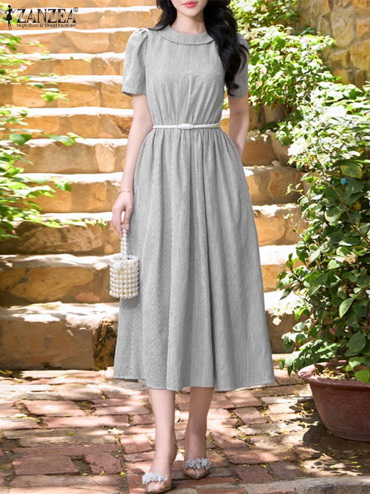 Elegant Women Midi Dresses 2025 ZANZEA Summer Office Work Dress Casual O Neck Short Sleeve Striped Sundress Holiday Vestido Robe