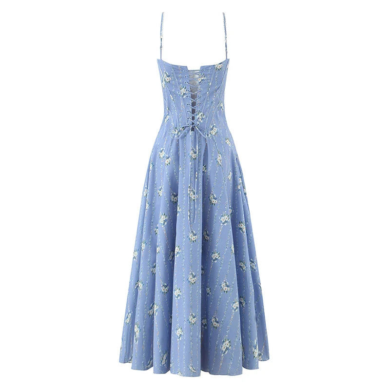YENKYE Sexy Spaghetti Straps Floral Print Corset Dress Women Lace Spliced Bandage Back A-line Vacation Party Dresses Summer Robe