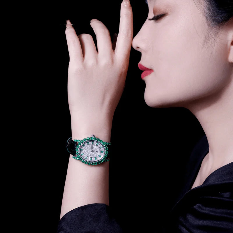 ZOCA Luxury Brand Woman Watch Diamond Emerald Watches Ladies Leather Brcalaet Elegant Montre Femme watch for women