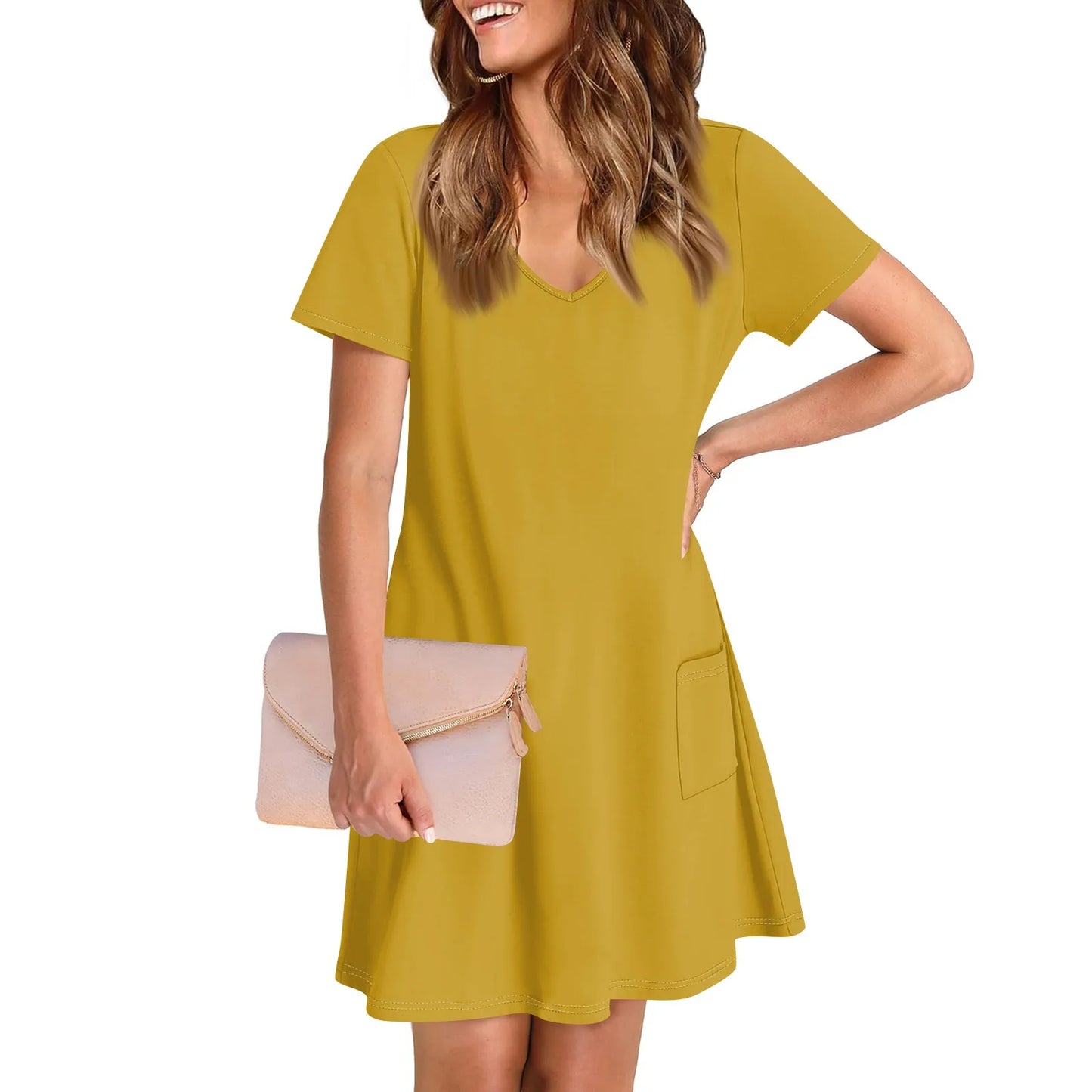 Women'S Casual And Fashionable V-Neck Short Sleeve Printing Mid Length Dress Elegant Fashion Harajuku Female Clothes Dress