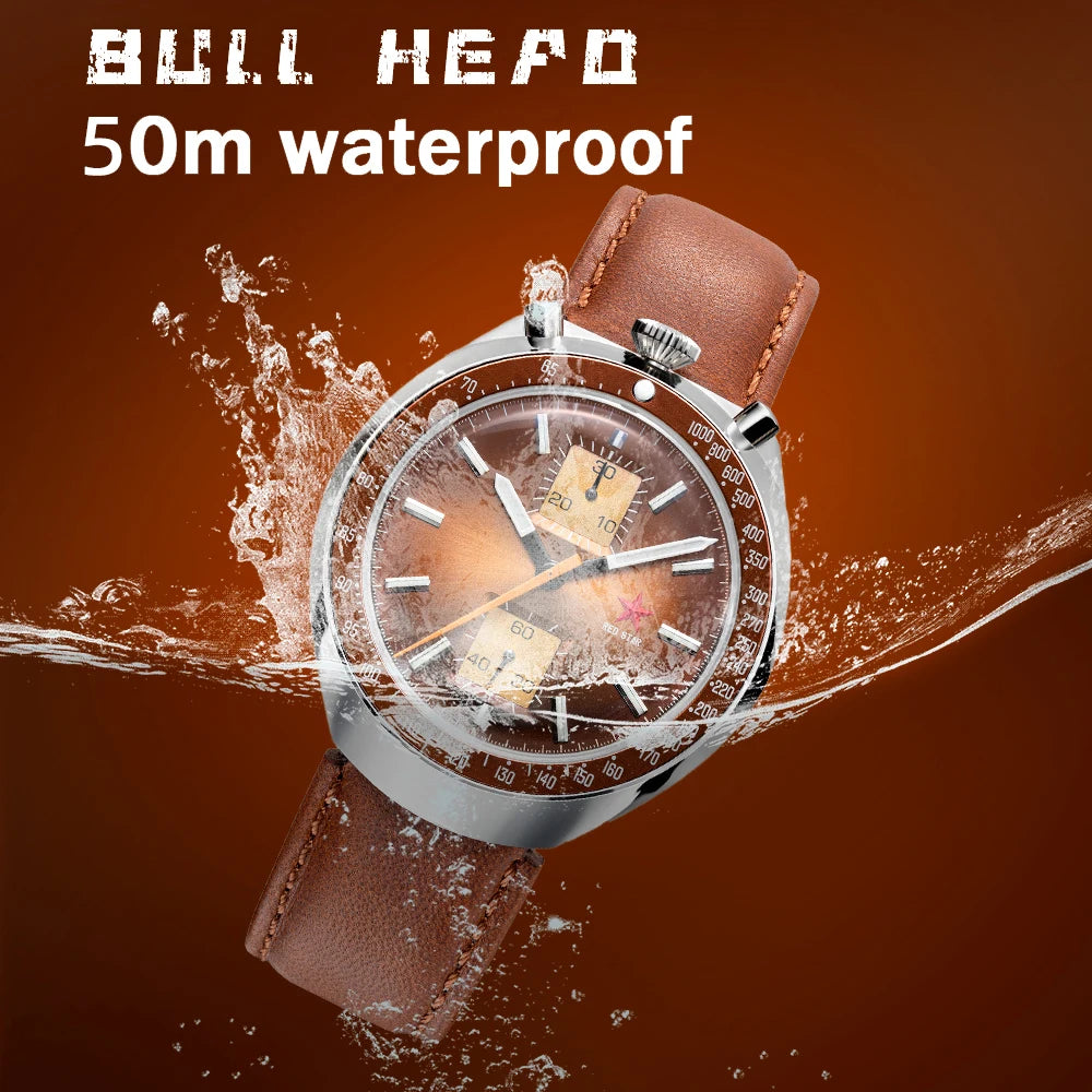 RED STAR 42mm Bull Head with Seagull Movement 1963 Chronograph Mechanical st1901 Watch Military Luminous Men Wristwatches Goose