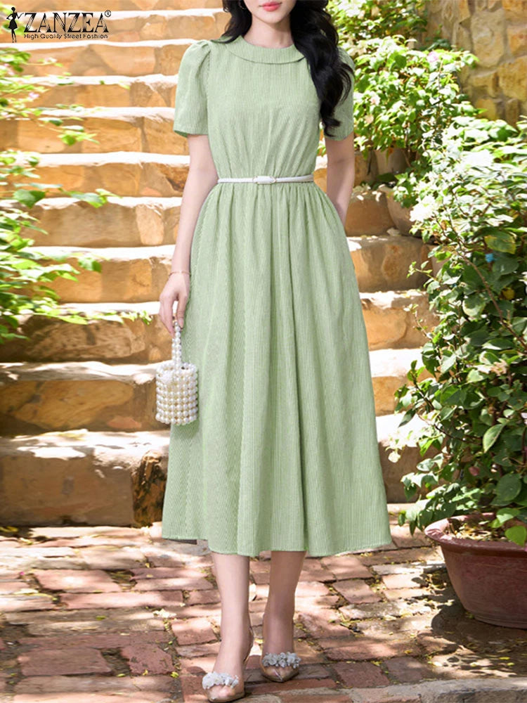 Elegant Women Midi Dresses 2025 ZANZEA Summer Office Work Dress Casual O Neck Short Sleeve Striped Sundress Holiday Vestido Robe