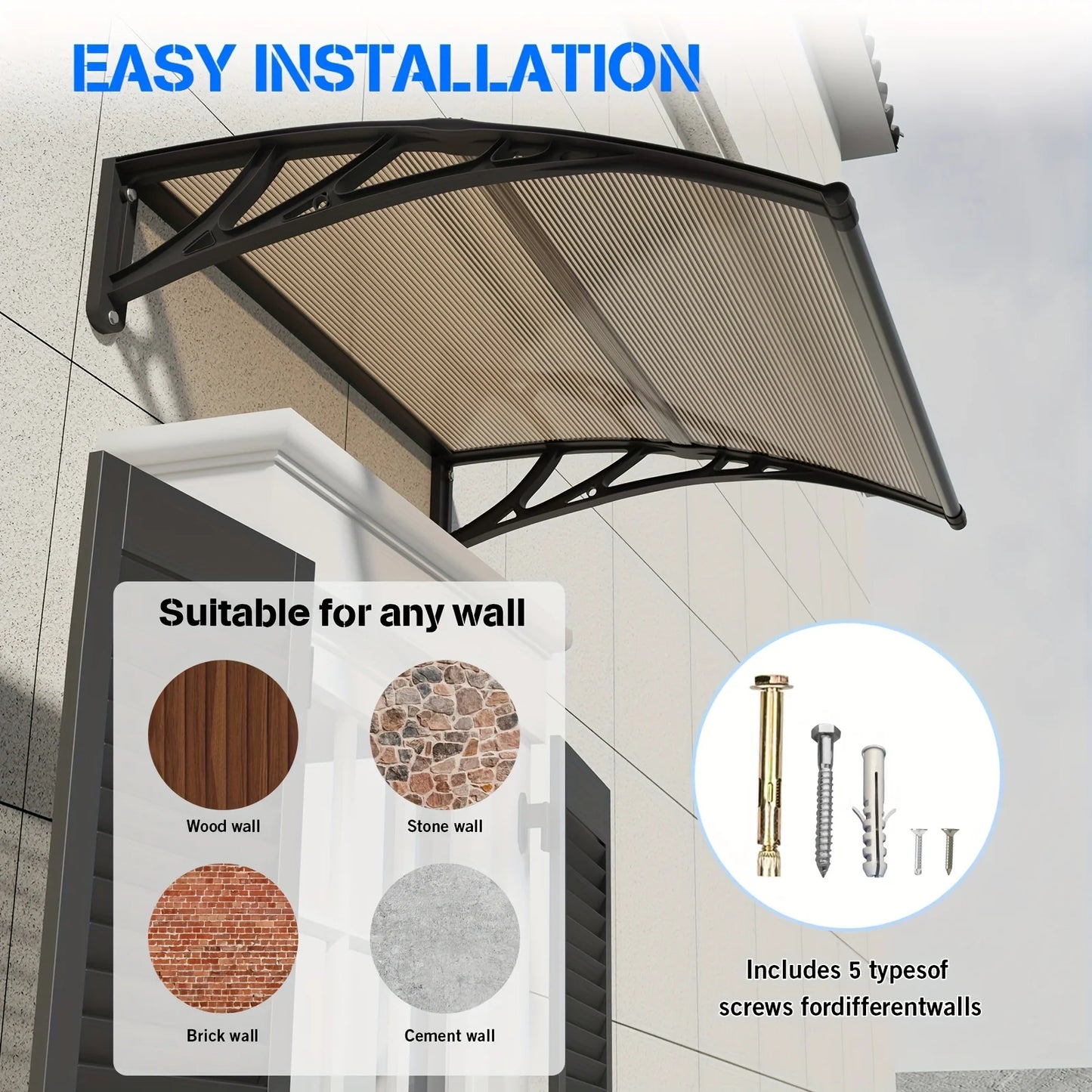 Awning Canopy for Door Window UV Rain Snow Sunlight Protection Polycarbonate Hollow Sheet Outdoor canopy Easy Install