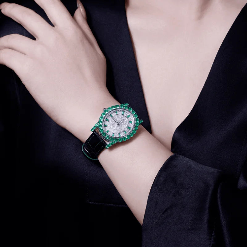 ZOCA Luxury Brand Woman Watch Diamond Emerald Watches Ladies Leather Brcalaet Elegant Montre Femme watch for women