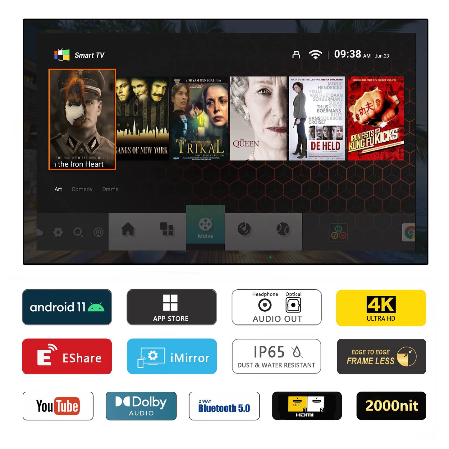 Soulaca 55-inch Waterproof Smart Android Outdoor TV 2000nits Full Sun TV 4K Dolby Atmos HDR 10 Weatherproof Television Support