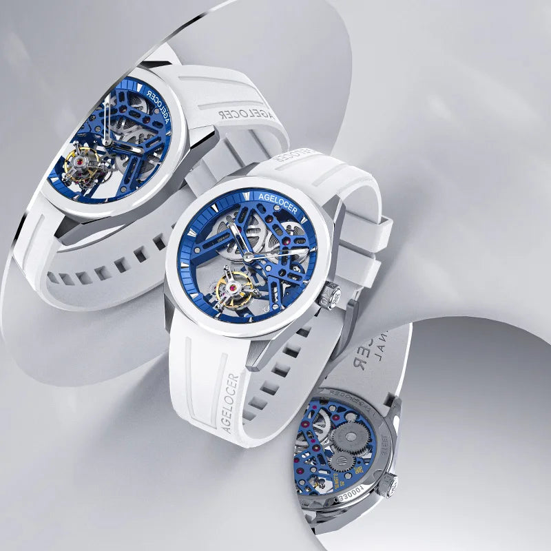 AGELOCER Original Tourbillon Watch Ceramic Bezel Men's Vogue Luxury Skeleton Manual Mechanical Watch Birthday Gift for Men