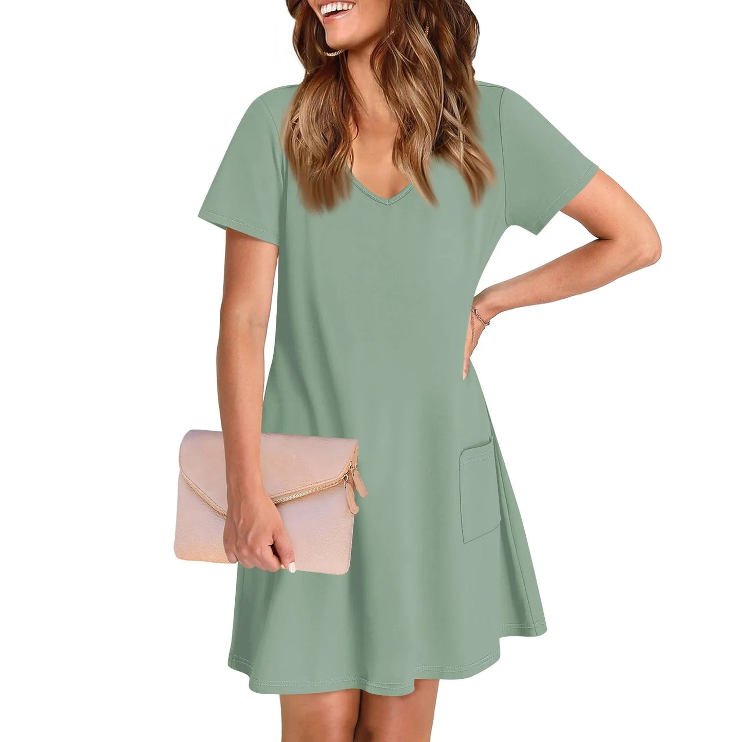Women'S Casual And Fashionable V-Neck Short Sleeve Printing Mid Length Dress Elegant Fashion Harajuku Female Clothes Dress