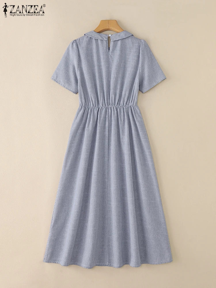 Elegant Women Midi Dresses 2025 ZANZEA Summer Office Work Dress Casual O Neck Short Sleeve Striped Sundress Holiday Vestido Robe