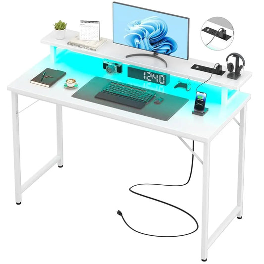 Computer Desk With Usb Power Outlets And Led Lights, 47 H Gaming Desk With Monitor Stand For Small Space Home Office, Modern