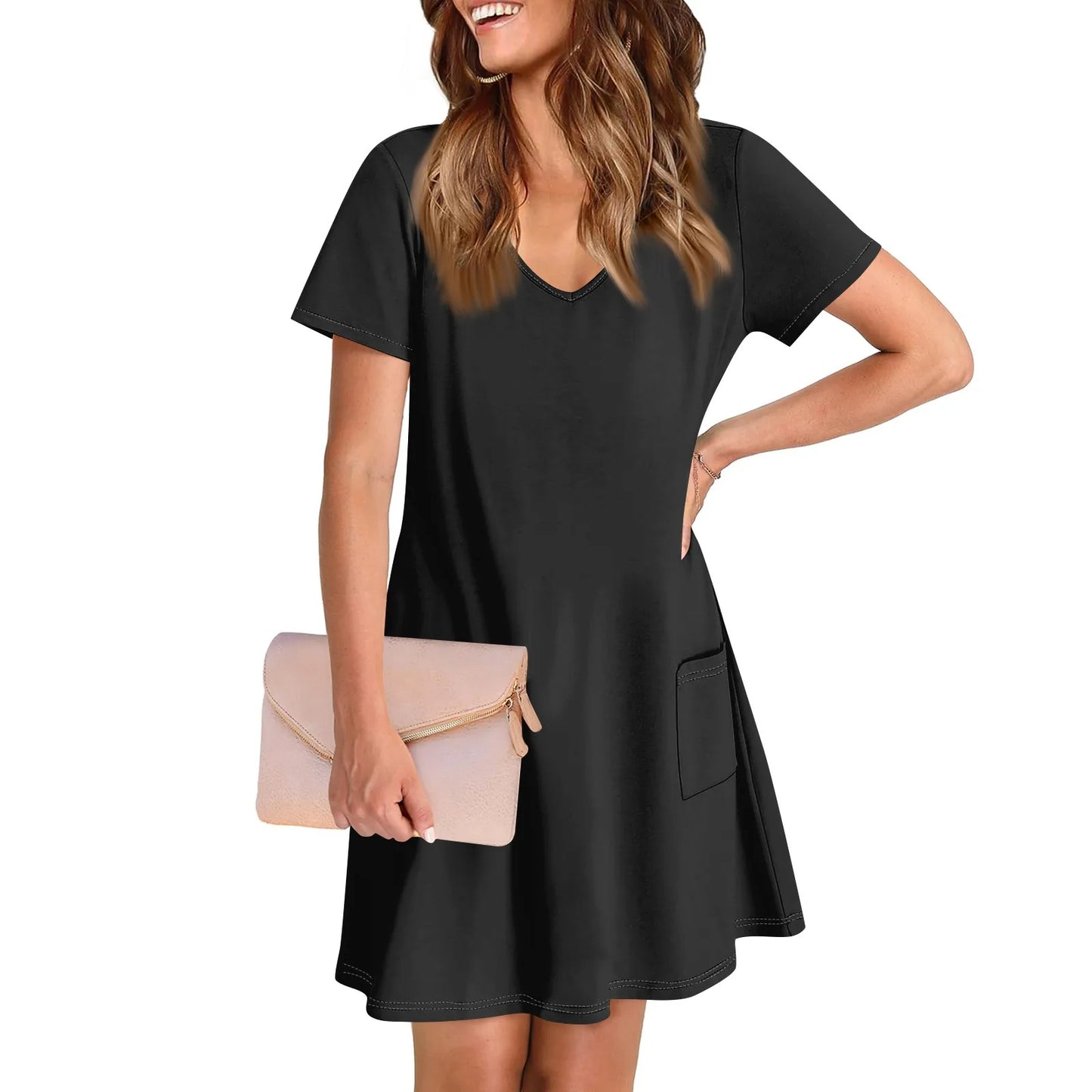 Women'S Casual And Fashionable V-Neck Short Sleeve Printing Mid Length Dress Elegant Fashion Harajuku Female Clothes Dress