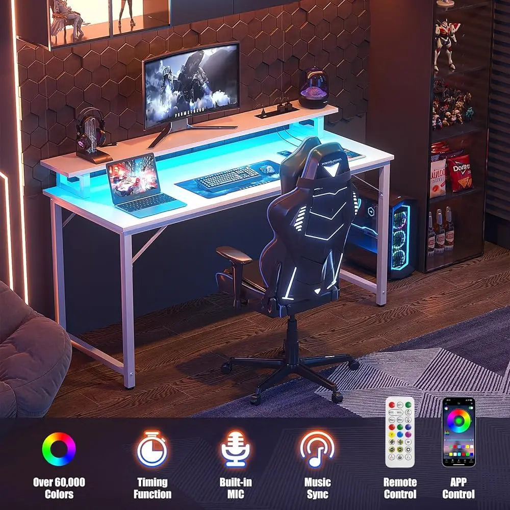 Computer Desk With Usb Power Outlets And Led Lights, 47 H Gaming Desk With Monitor Stand For Small Space Home Office, Modern