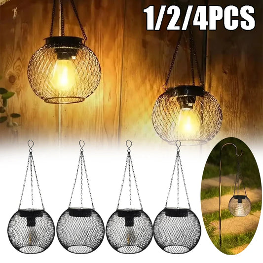 Solar Powered Iron Garden Pendant Light Vintage Cage Design Outdoor Hanging Lamp for Patio Yard Porch Decor Hollow Retro Lantern