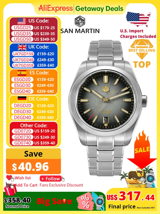 San Martin 36/39/42mm SN0144 JianZhan Dial Gada Watch Miyota 9015 Original Design Men Luxury Dress Automatic Mechanical Watches