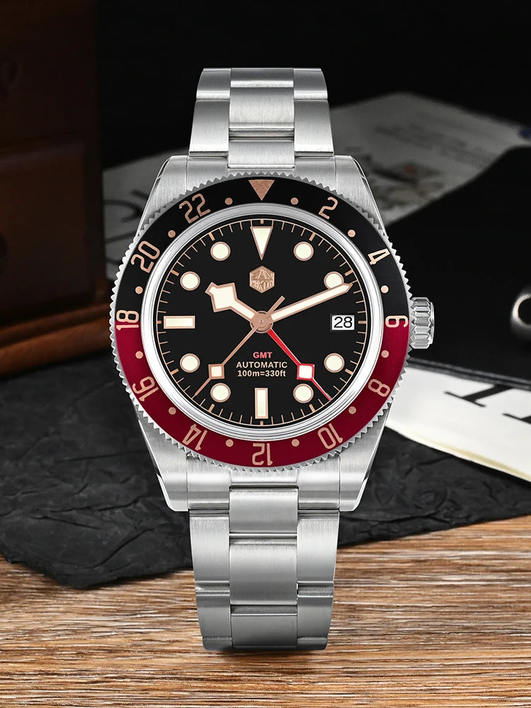 San Martin 39mm NH34 GMT Men Luxury Watch Bidirectional Aluminum Bezel Automatic Mechanical Sapphire 100M Waterproof  SN0109