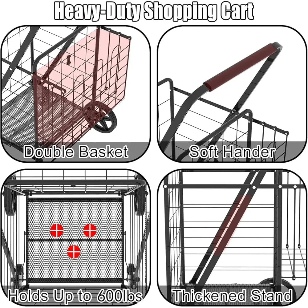 Folding Shopping Cart With 360° Rolling Swivel Wheels & Brakes - Jumbo Foldable Grocery Cart With Double Basket & Waterproof