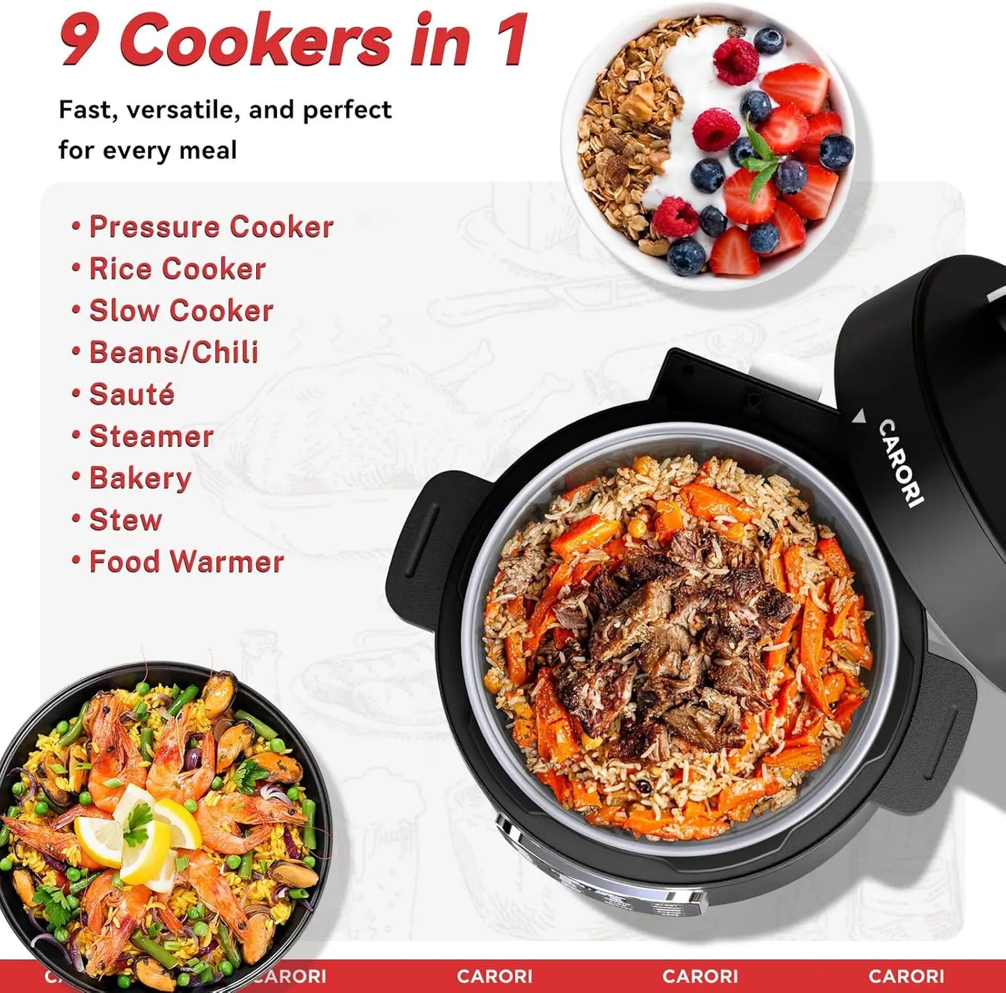 9-in-1 Electric Pressure Cooker 6 Qt, Stainless Steel Inner Pot, Programmable 12 Multi-Function Cooker with Safe Vent Design, Ri