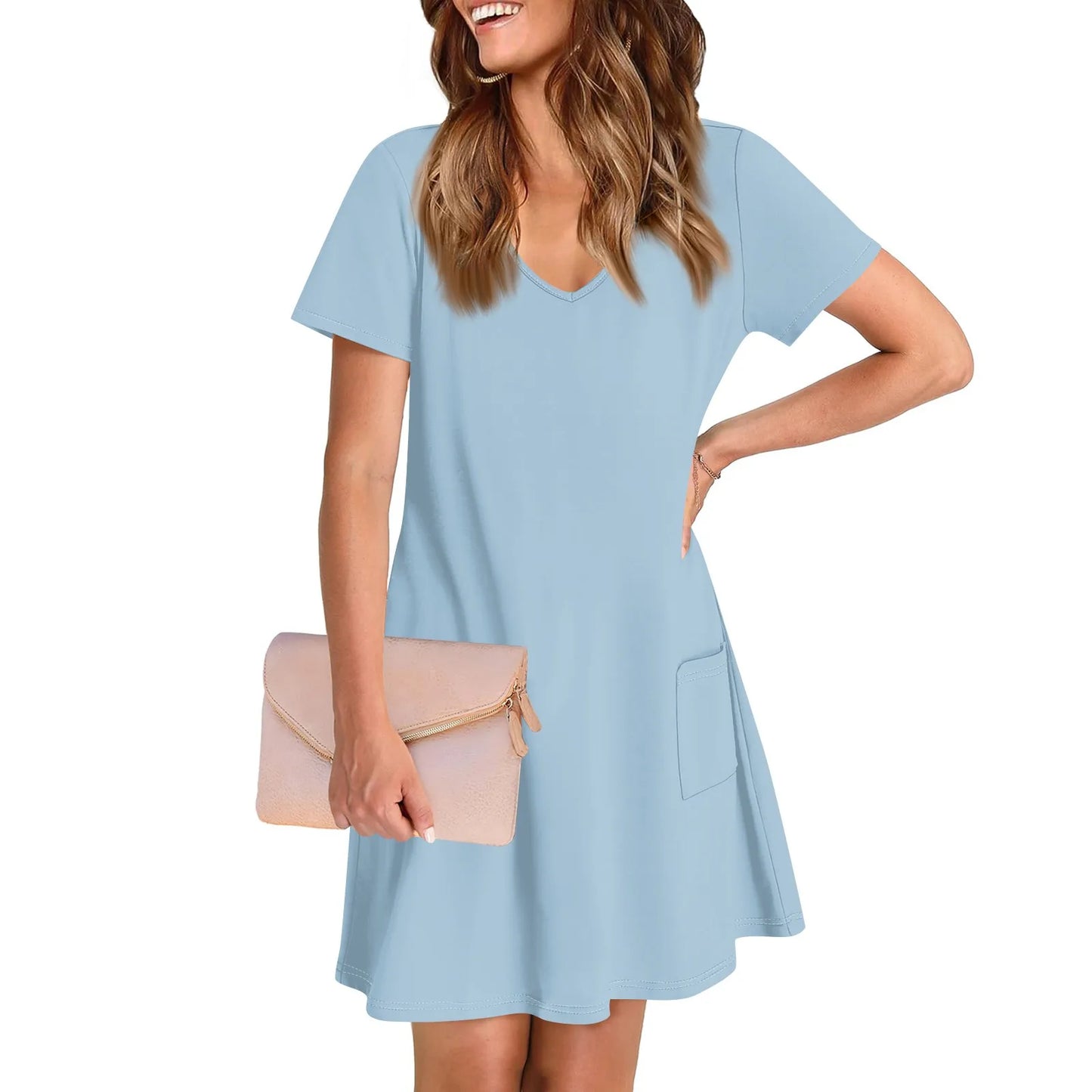 Women'S Casual And Fashionable V-Neck Short Sleeve Printing Mid Length Dress Elegant Fashion Harajuku Female Clothes Dress