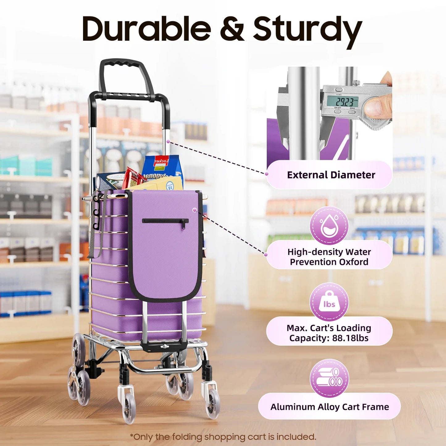 Portable Rolling Trolley Basket, Utility Duty Stair Shopping Cart Household Foldable Groceries for Markets, Outdoor Picnics