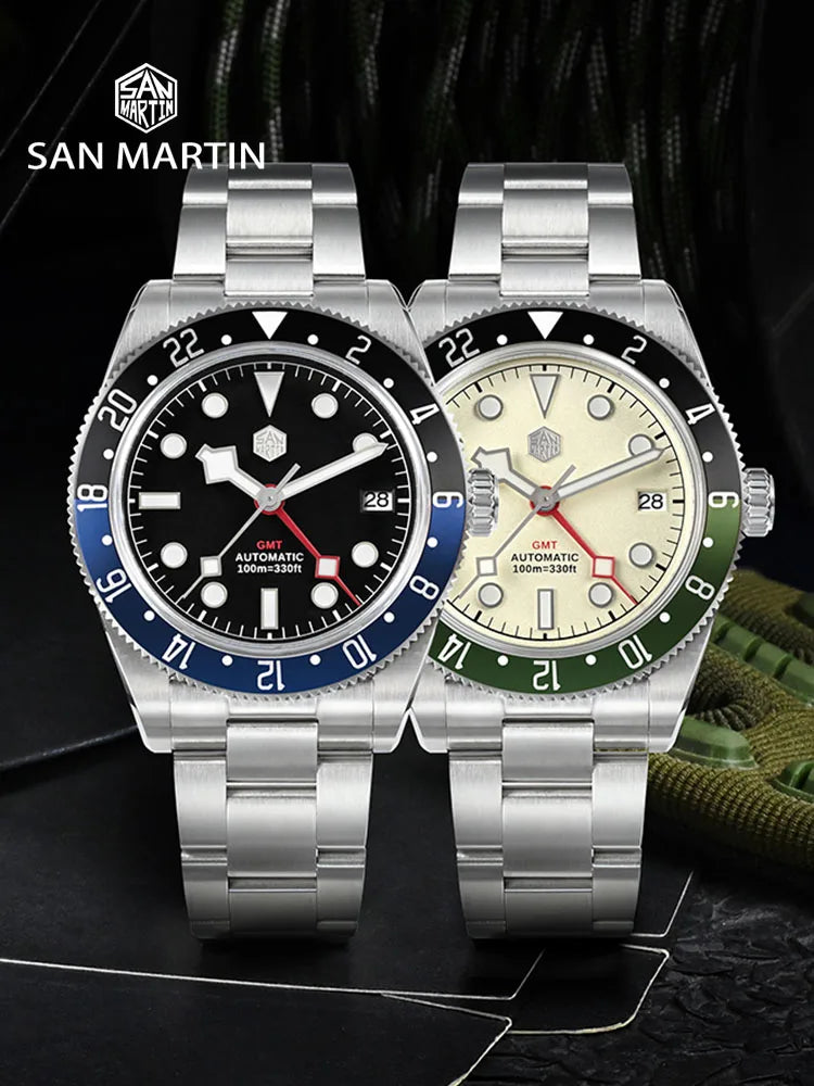 San Martin 39mm NH34 GMT Men Luxury Watch Bidirectional Aluminum Bezel Automatic Mechanical Sapphire 100M Waterproof  SN0109
