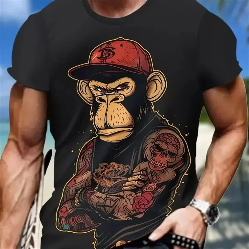 Hip Hop Monkey Pattern Print T-shirts O-Neck Short Sleeve Tee Designer Clothes Men Monkey Print Clothes Men Designer T-shirts
