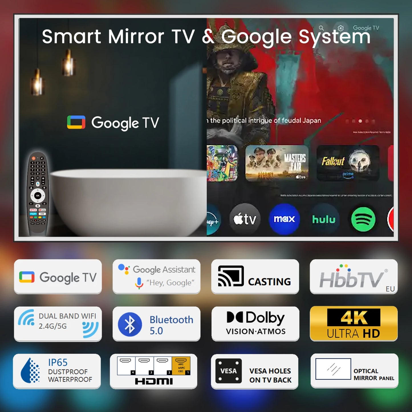 Soulaca 43-inch Magic 4K Ultra HD Smart Bathroom Mirror TV with LED Lights Built-in Netflix & YouTube Modern Vanity Mirror