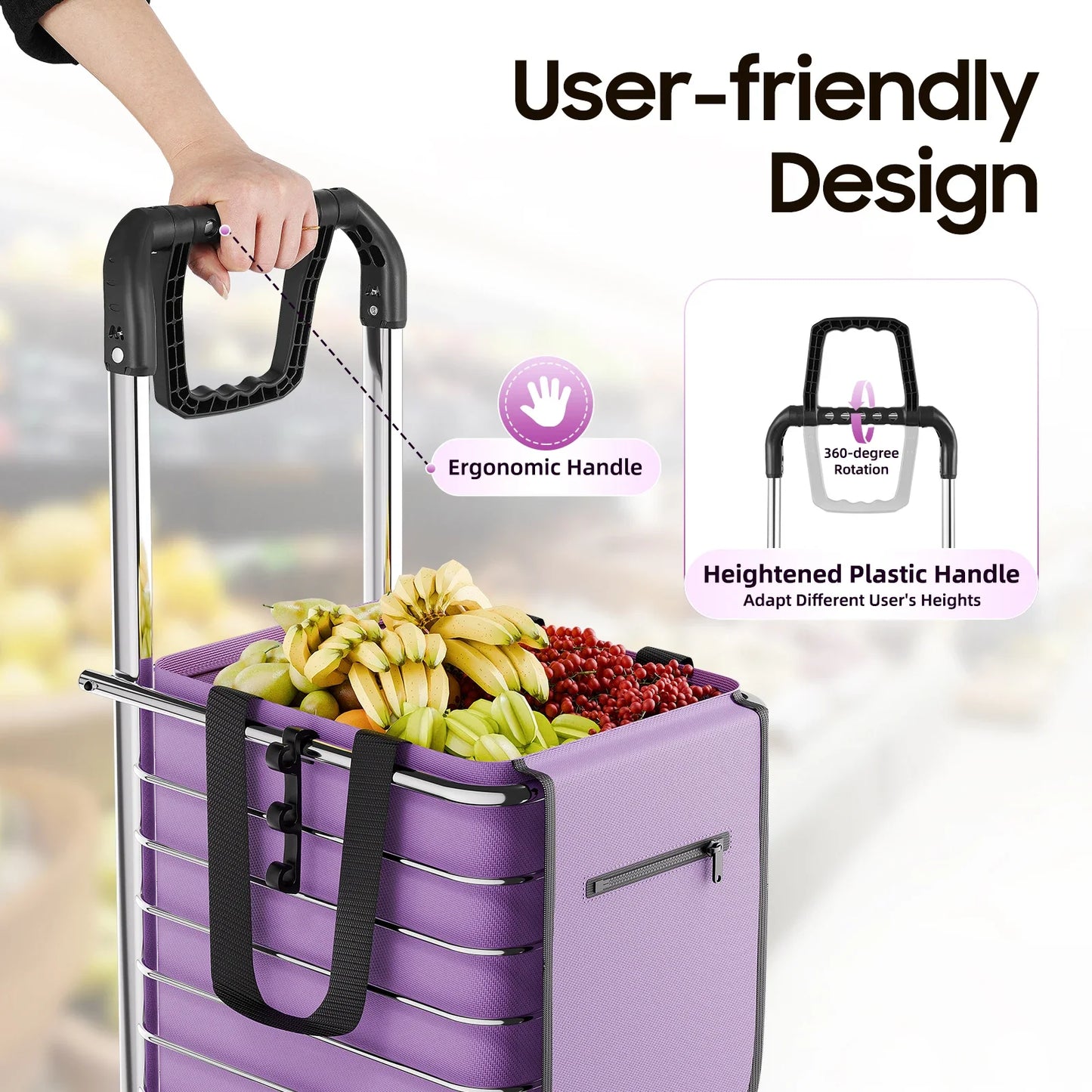 Portable Rolling Trolley Basket, Utility Duty Stair Shopping Cart Household Foldable Groceries for Markets, Outdoor Picnics