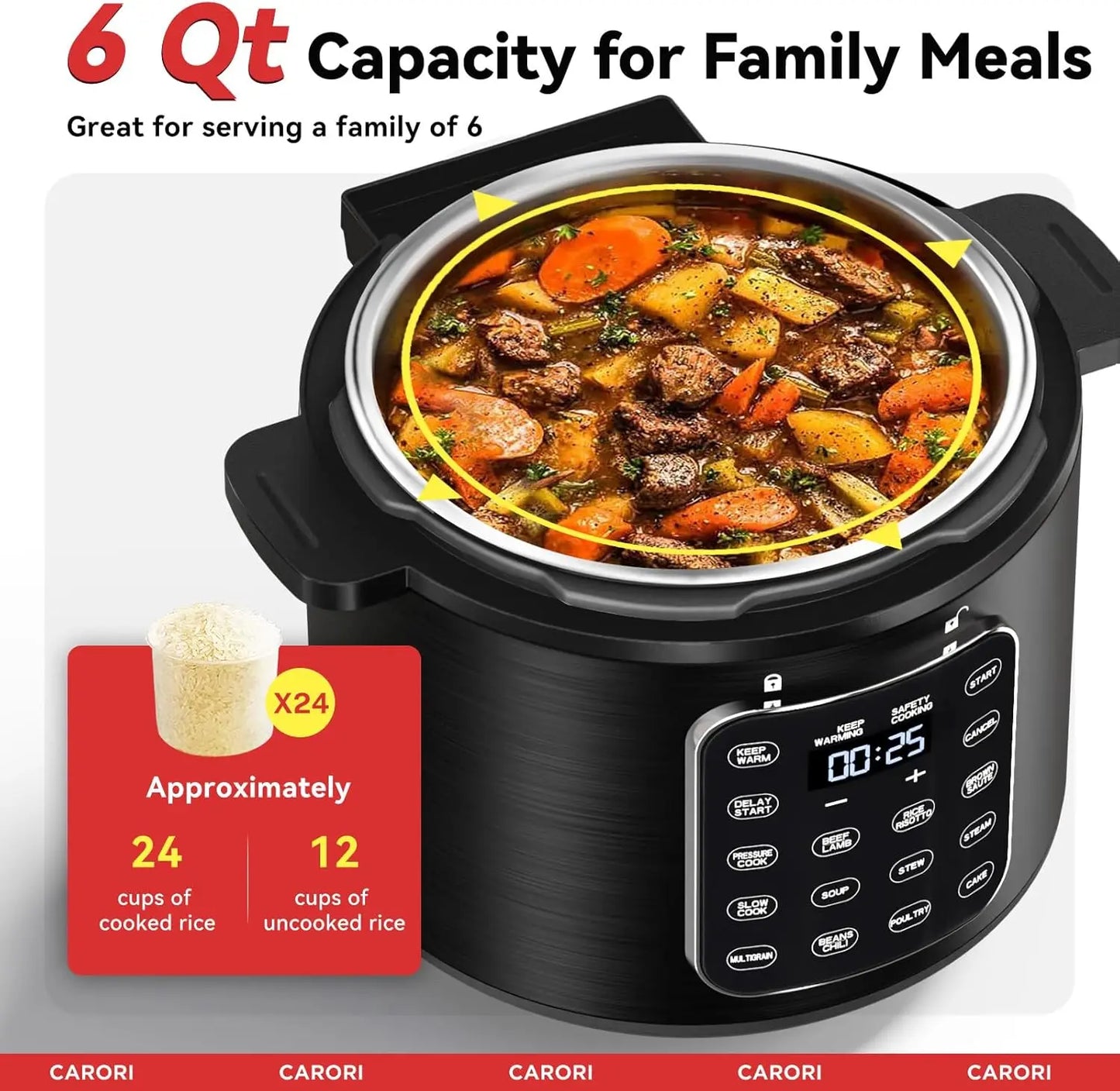 9-in-1 Electric Pressure Cooker 6 Qt, Stainless Steel Inner Pot, Programmable 12 Multi-Function Cooker with Safe Vent Design, Ri