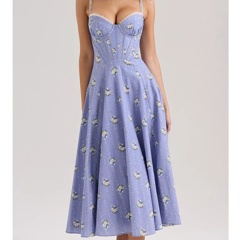YENKYE Sexy Spaghetti Straps Floral Print Corset Dress Women Lace Spliced Bandage Back A-line Vacation Party Dresses Summer Robe