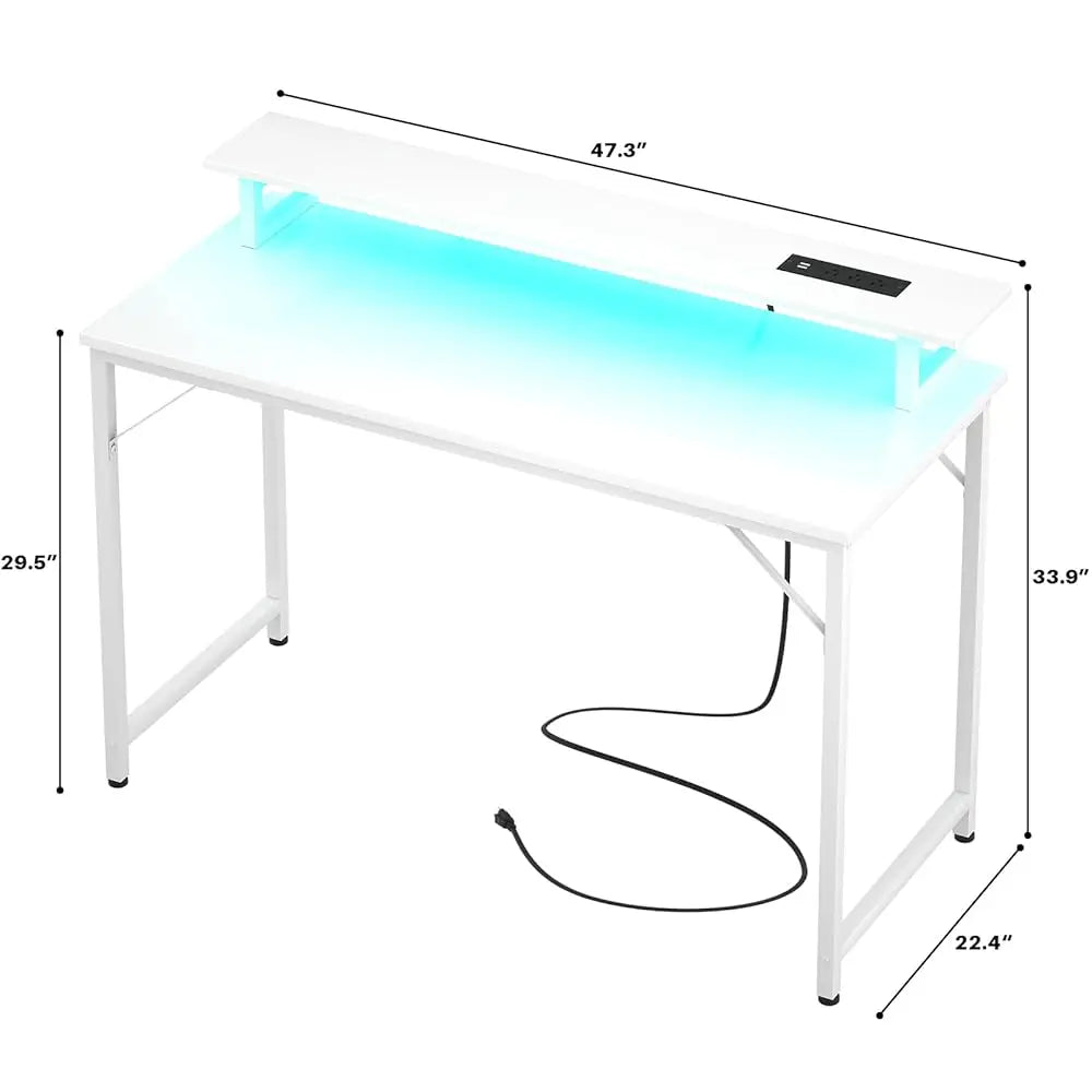 Computer Desk With Usb Power Outlets And Led Lights, 47 H Gaming Desk With Monitor Stand For Small Space Home Office, Modern