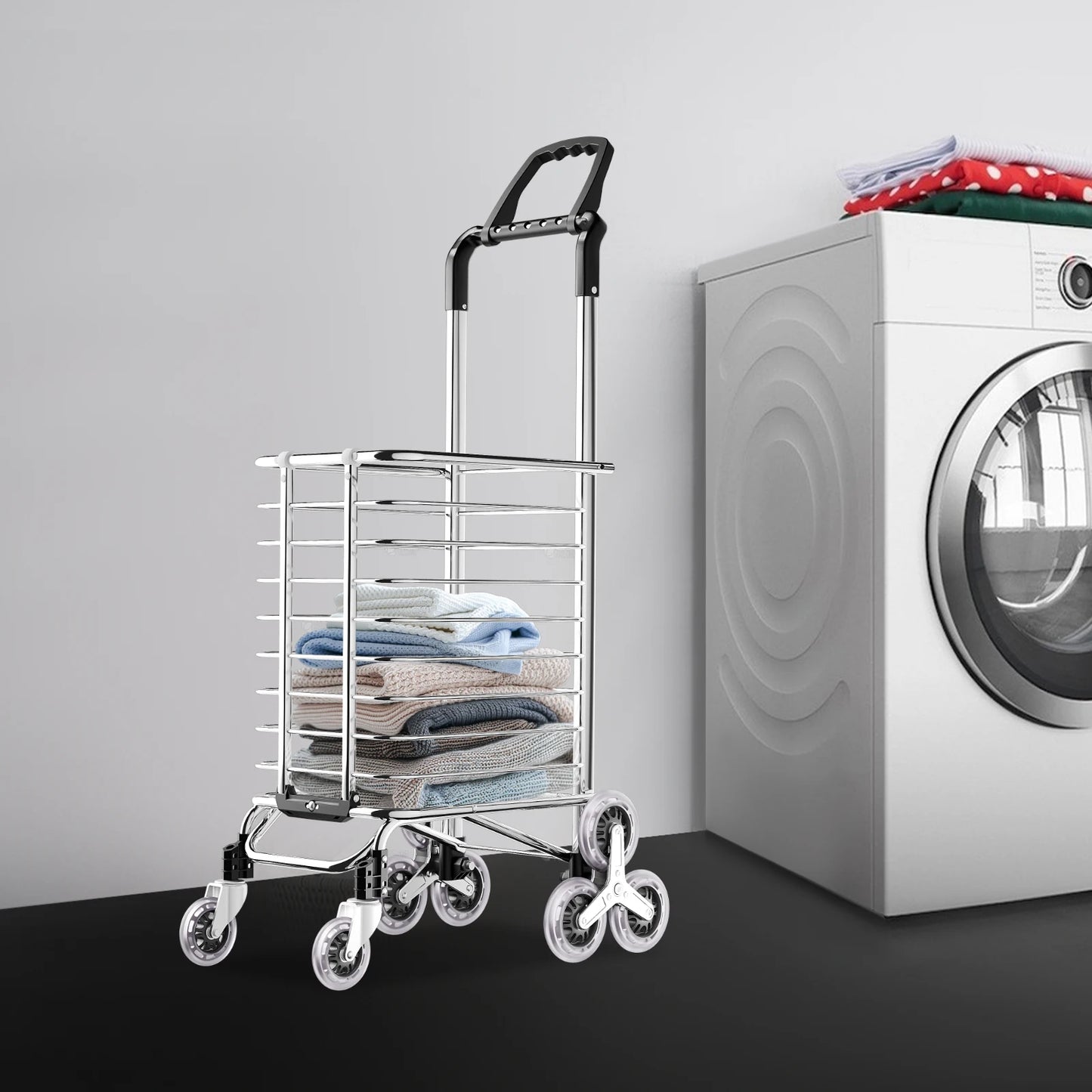 Trolley Laundry Folding Shopping Cart Basket Grocery Stair Climbing Handcart on Wheels Utility